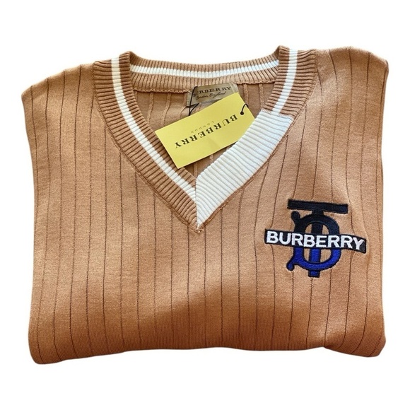 Burberry Pullover V-Neck Cardigan XL Caramel Brown/White Quiet Luxury NWT - Picture 6 of 14